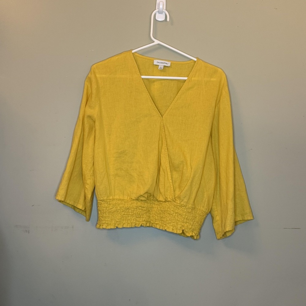 CALLIGRAPHIE Blouse Womens L Yellow Kimono Sleeve V-Neck Ruffle Elastic Waist